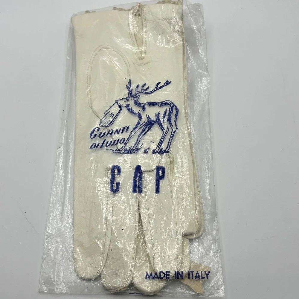 Vintage Guanti di Lusso‎ Italian Capretto Leather Gloves White Lace Trim Size 8